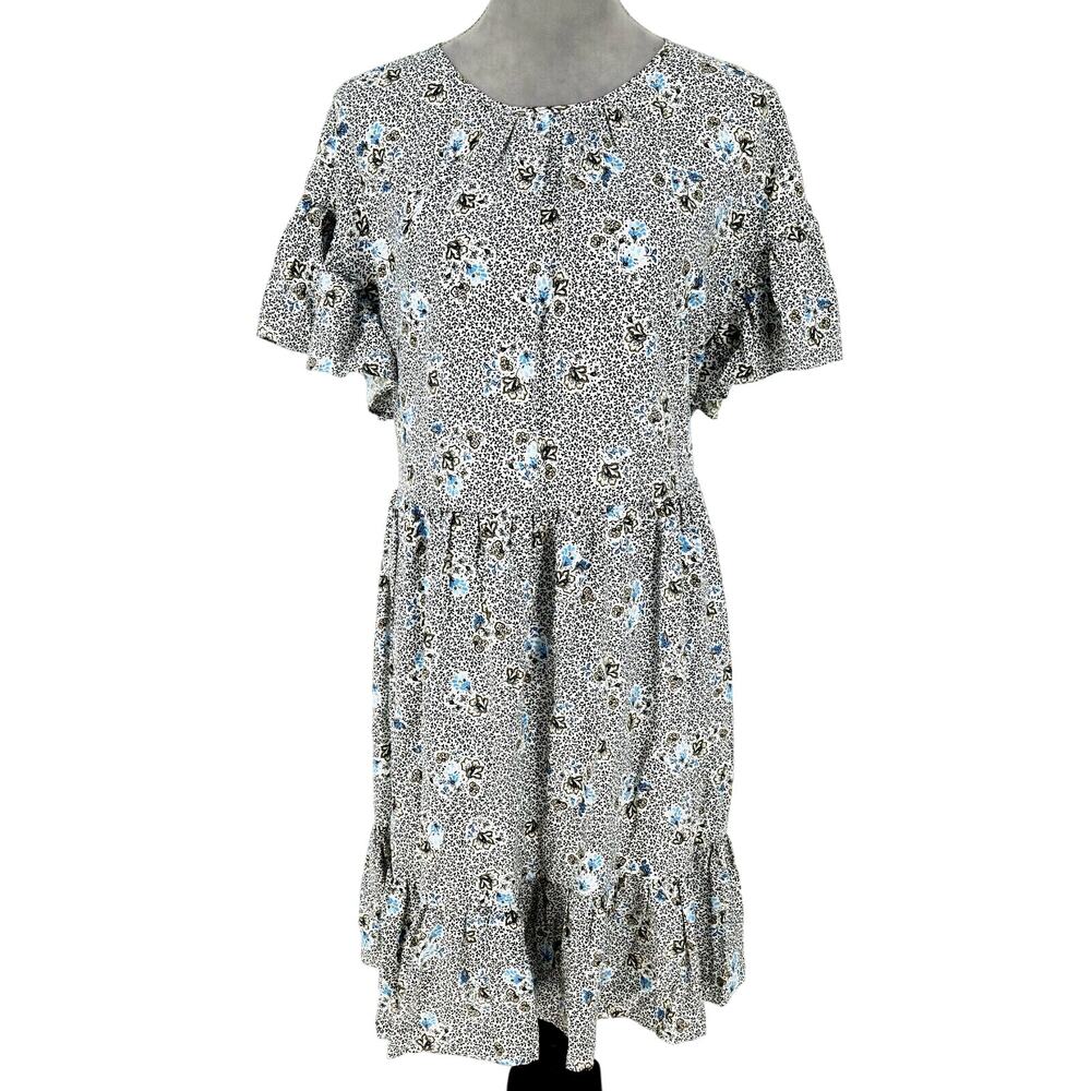 Ann Taylor Dress Womens Large White Black Blue Ditzy Tiered Ruffles Cottagecore